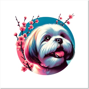 Lhasa Apso Revels in Spring's Cherry Blossoms and Flowers Posters and Art